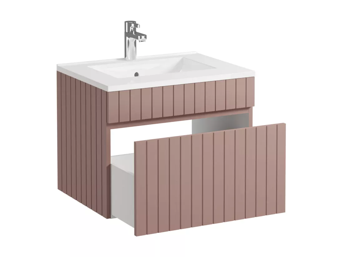 Meuble de salle de bain suspendu strié rose avec vasque à encastrer - 60 cm - SATARA