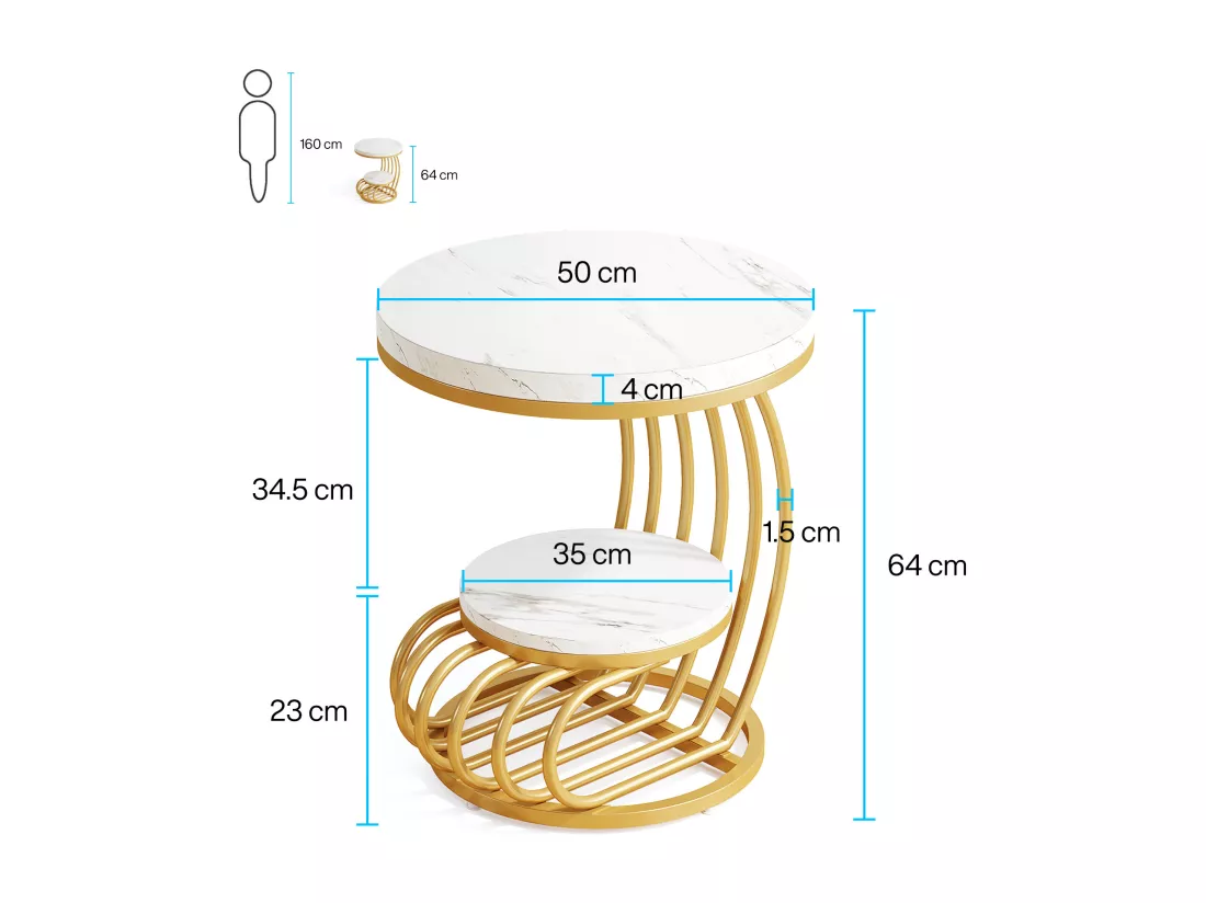 Table d'appoint en marbre Artificiel à 2 étages, Table de Chevet Moderne en Or Blanc avec Cadre en Forme d'arc en métal pour Salon (1PC)