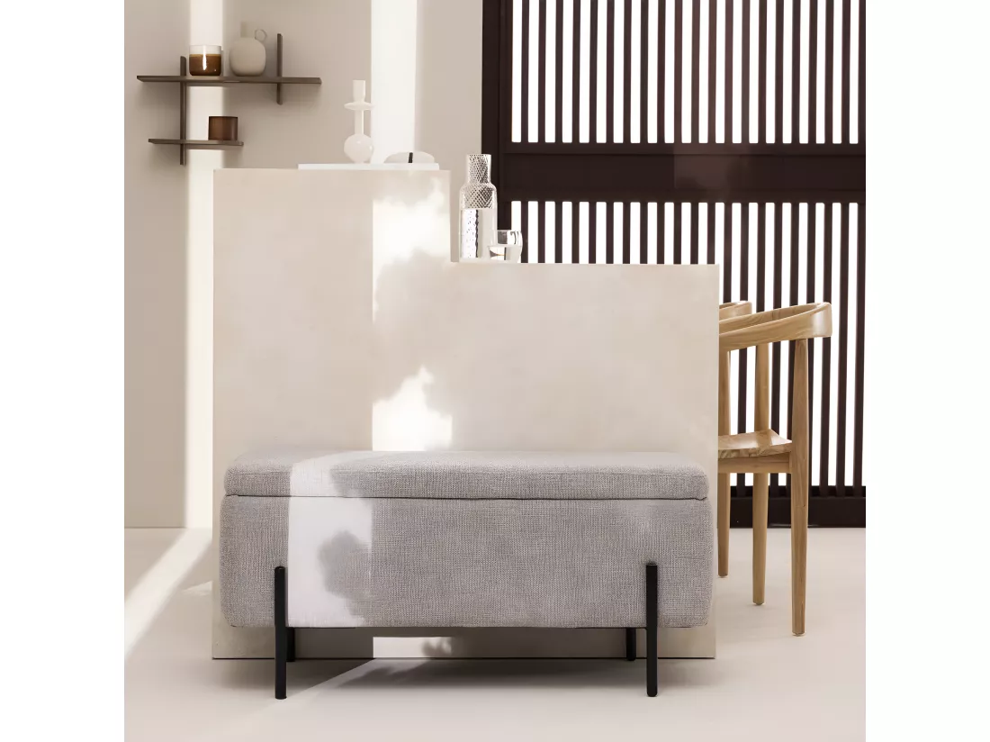 Kos - Banc coffre en tissu et métal L100cm - Gris clair