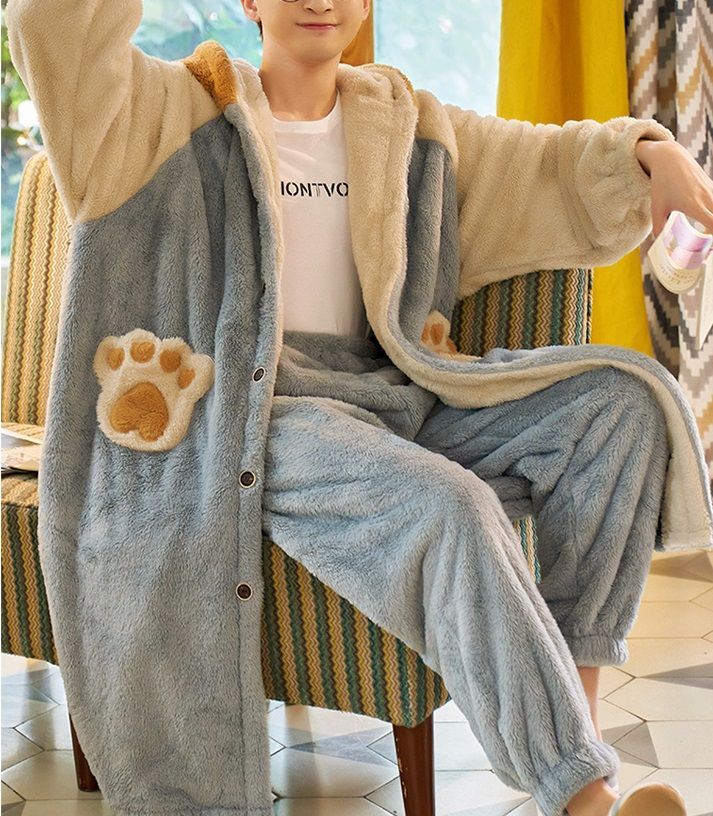 Jeony - Bijpassende pyjamaset voor koppels: fleecejas met pootdetail en capuchon + broek