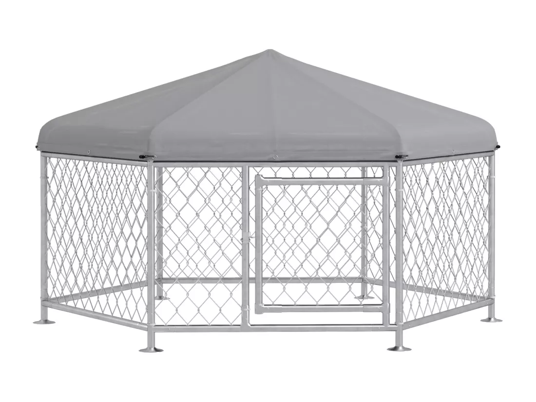 Chenil pour chien entièrement couvert - enclos chien - dim. 210L x 185l x 120H cm - porte verrouillable - acier galvanisé gris