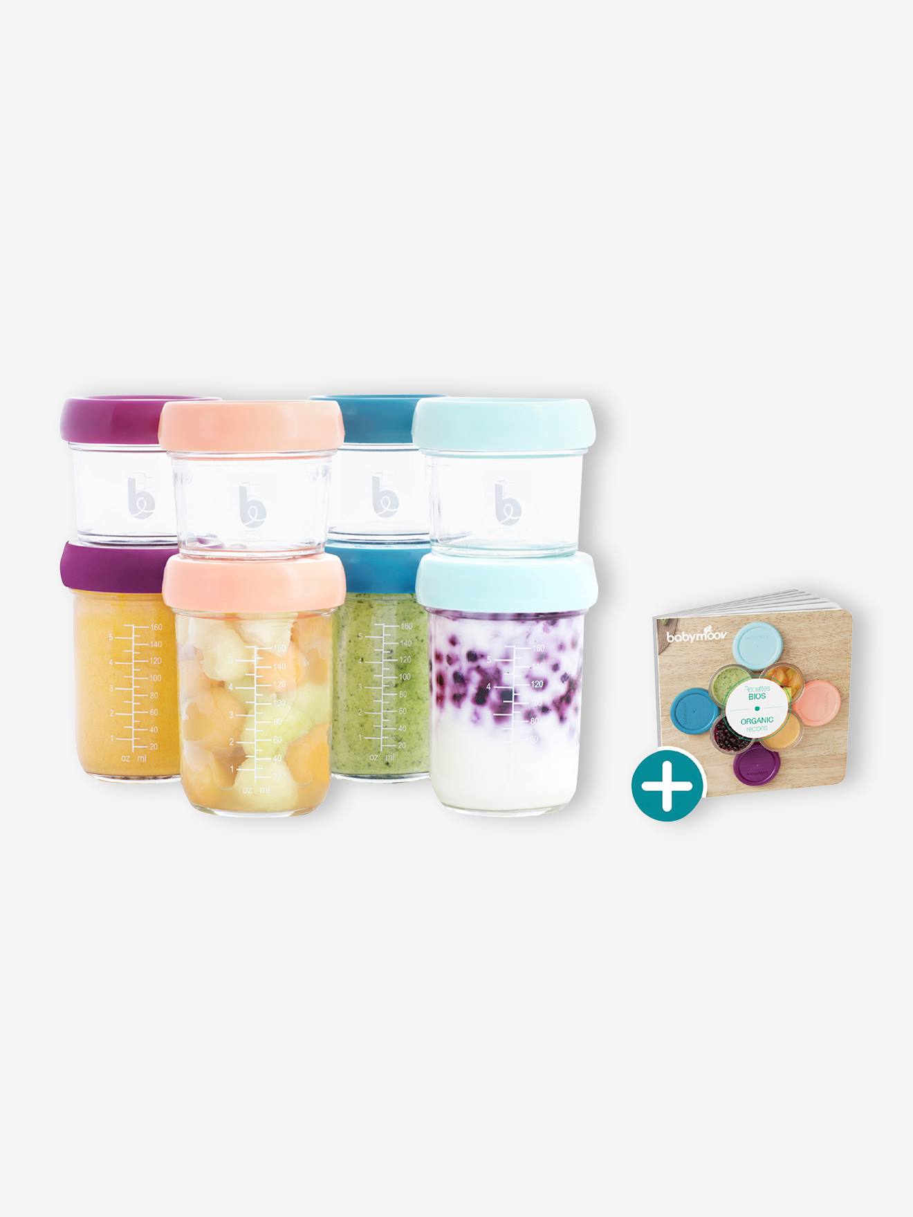 Conjunto de 8 recipientes de vidro para alimentos BABYMOOV, 4 de 100 ml + 4 de 220 ml, cor violeta lisa média.