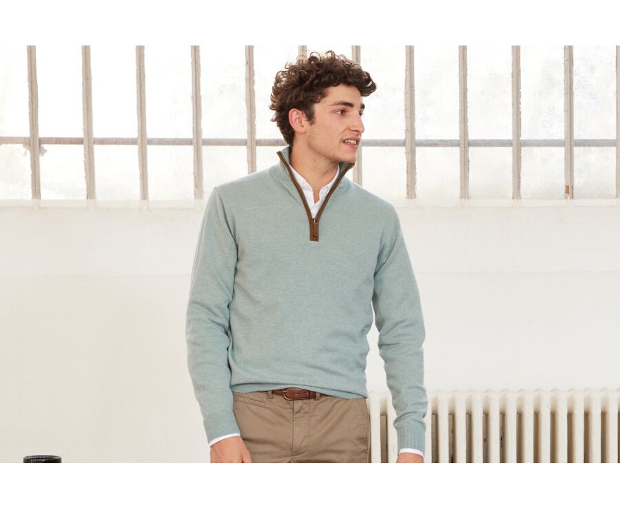 Pull col zippé homme laine Vert Eucalyptus - KEITHY