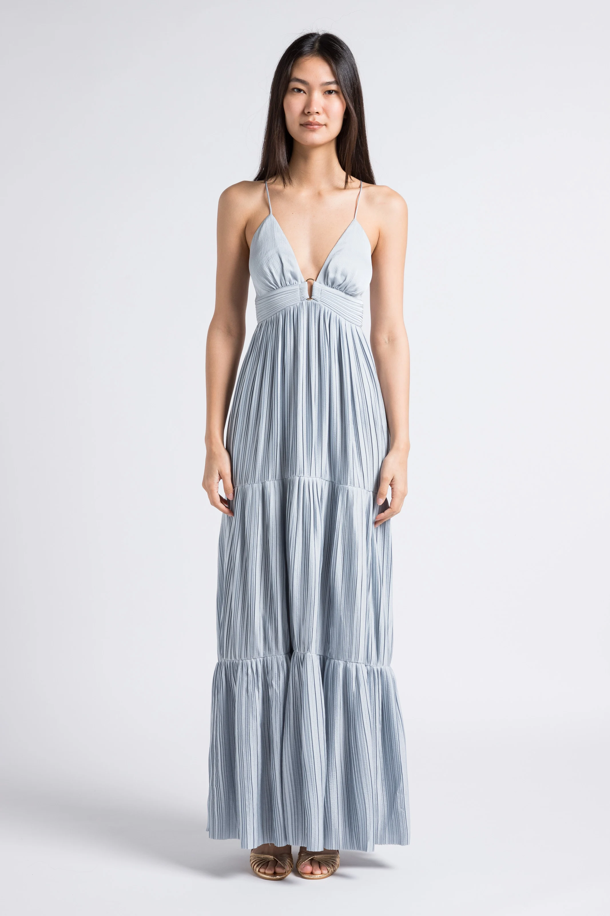 WASTA - Robe longue col V plissée | Bleu