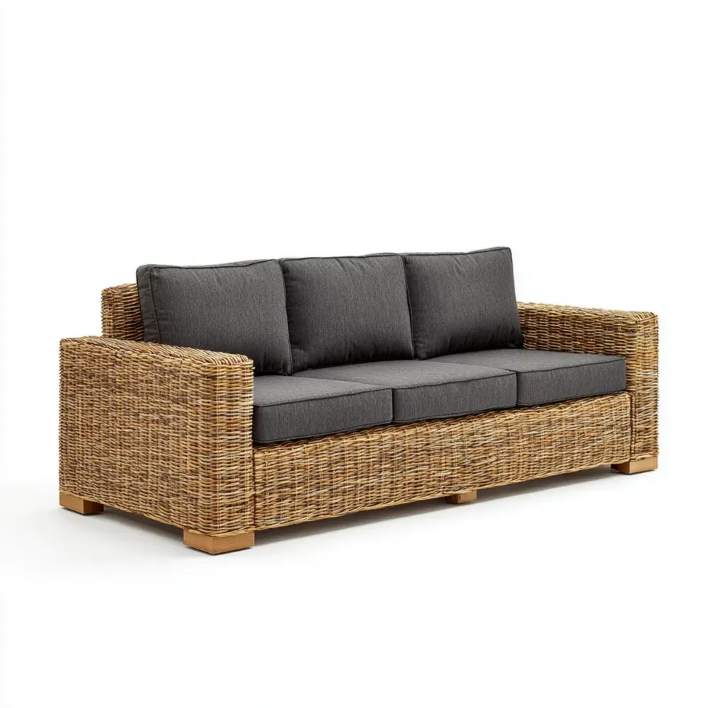 Gartensofa Dreisitzer Rattan 200x85x75 cm - Natur/Dunkelgrau - Modernes Design