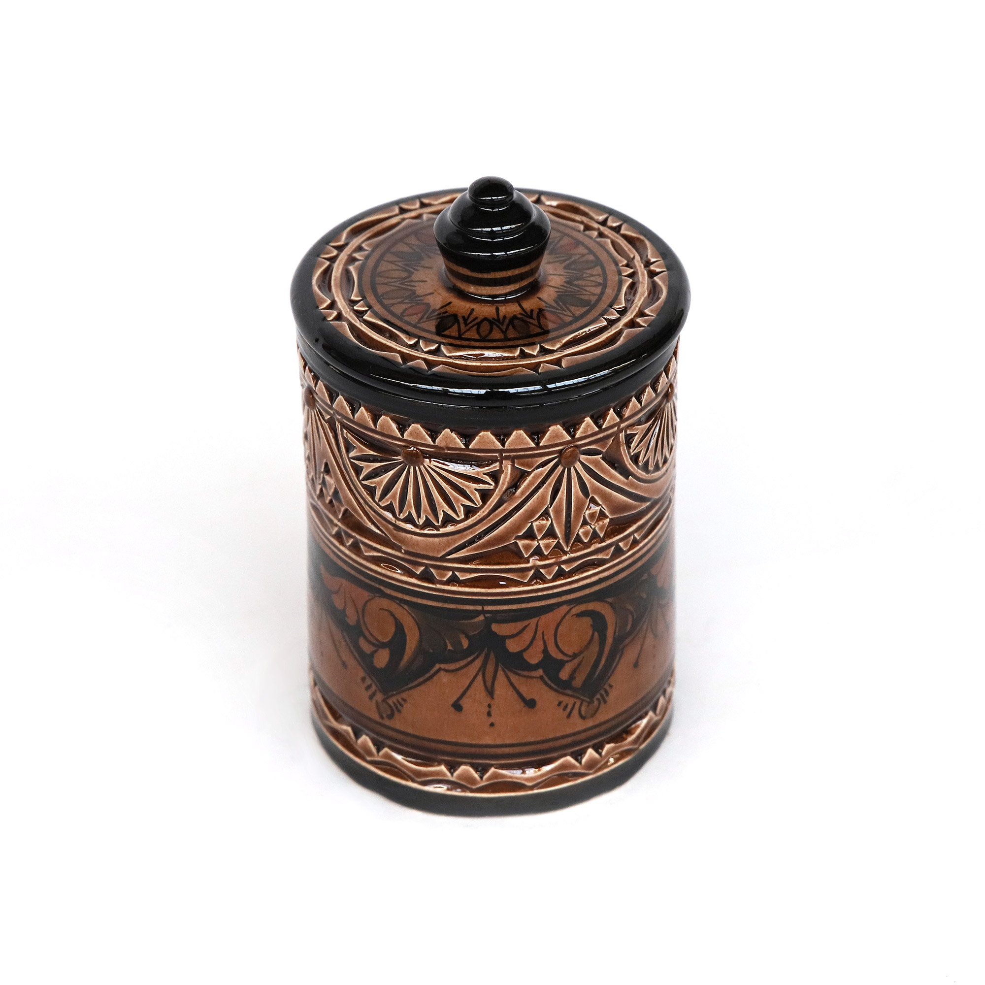 Deckelbehälter mit Prägung, braun, H 14 cm, Ø 10 cm von fischer's lagerhaus