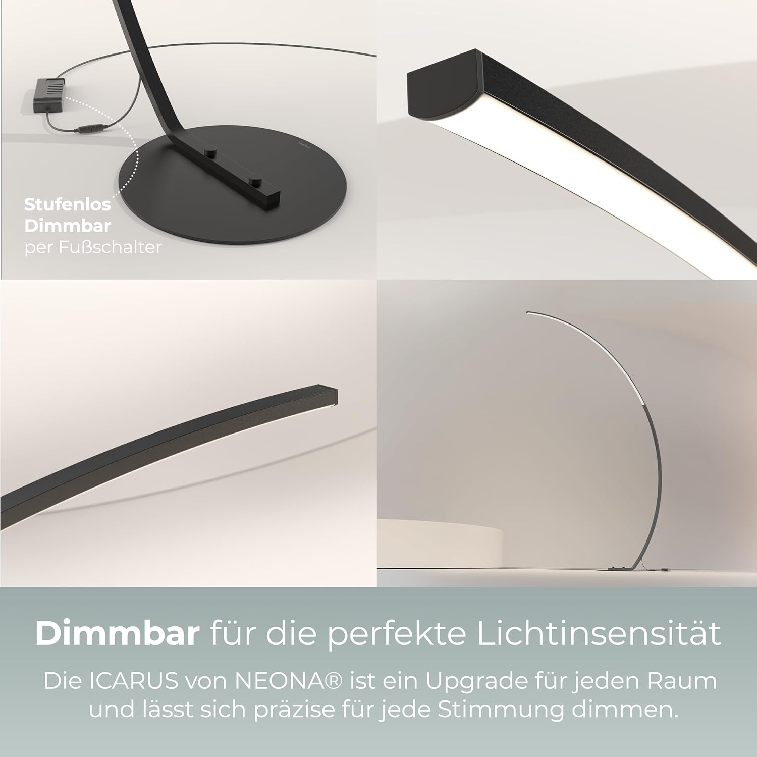 NEONA ICARUS Bogenlampe LED dimmbar – XXL Stehlampe in Schwarz, 2258 Lumen, 2700K Warmweiß, CRI 90, 22W, Fußschalter, Höhe 170cm – Moderne Wohnzimmerlampe