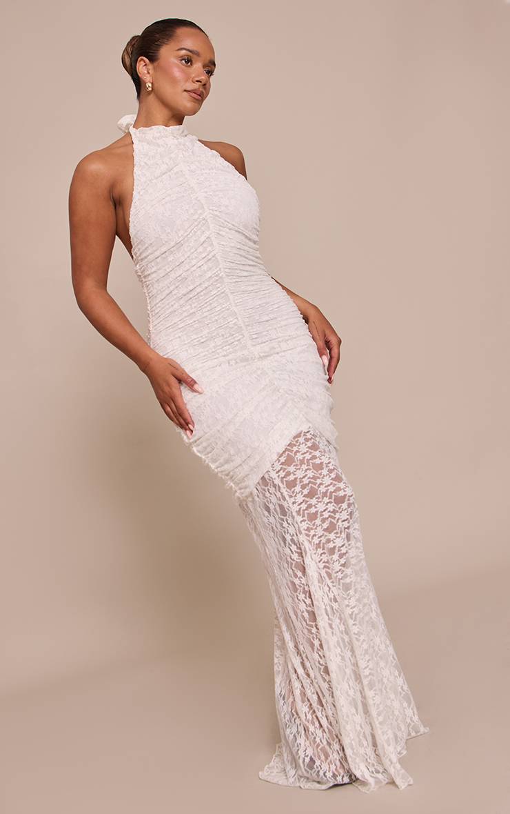 Blanc Robe Maxi Shape En Dentelle Froncée À Col Montant Et Ourlet Asymétrique