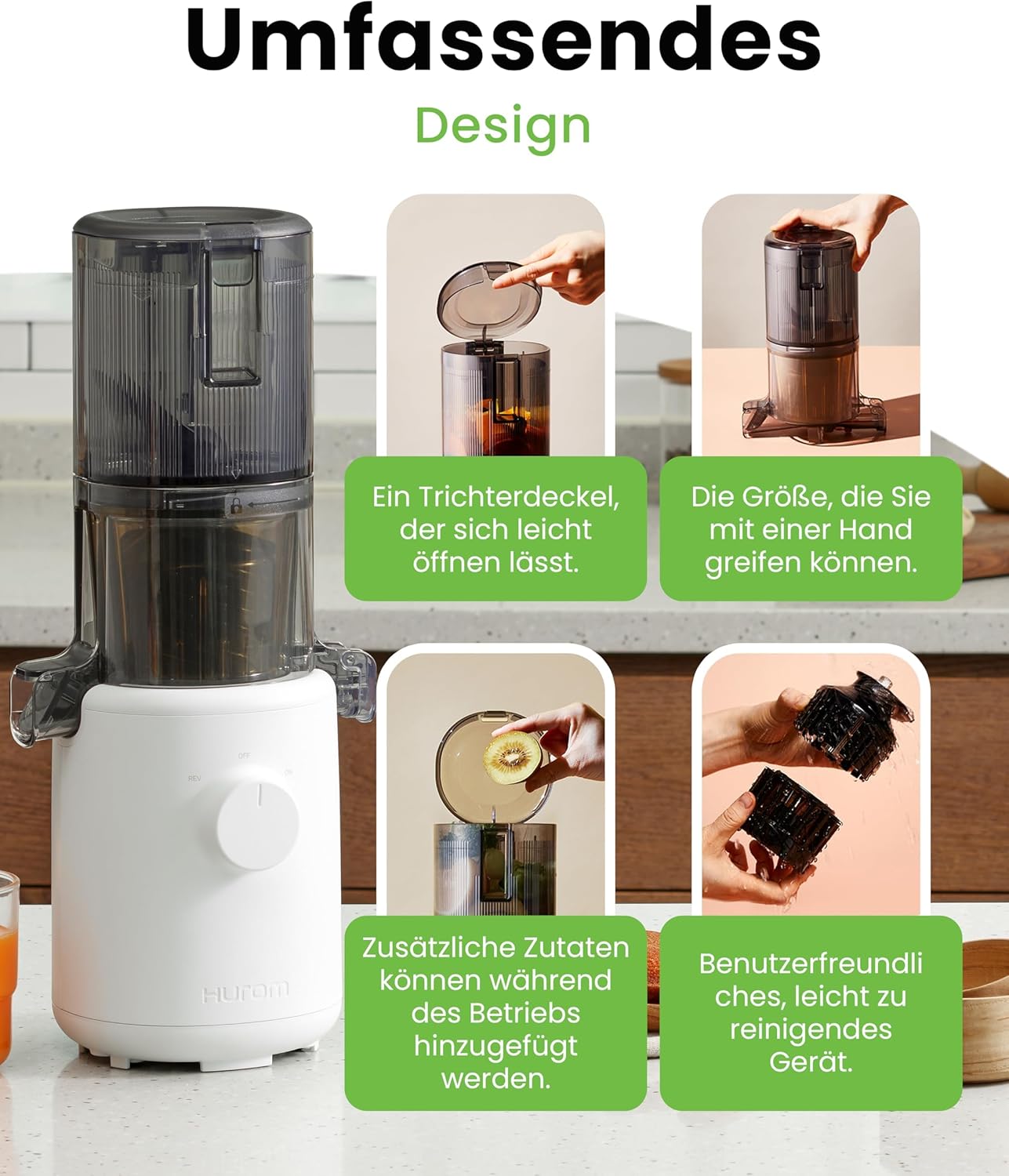 Hurom Slow Juicer | Entsafter Gemüse und Obst | H310 | Leicht zu Reinigen & Leiser Motor Elektrischer Entsafter mit Siebfilter | 150 Watt | BPA Frei | Schlankes Design | 220ml, Weiß
