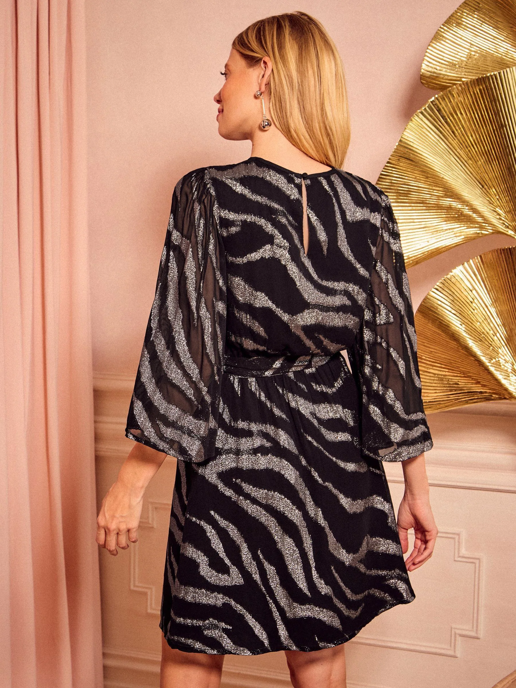 Love & Roses Print Metallic Crew Neck Mini Dress