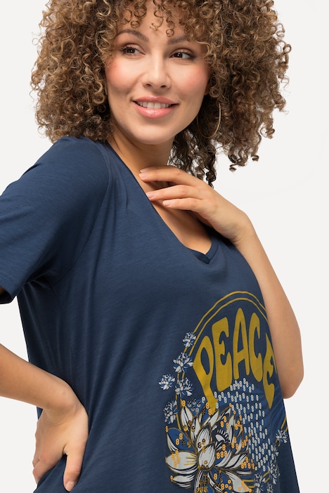 T-Shirt, Pailletten, Classic, V-Ausschnitt, Halbarm