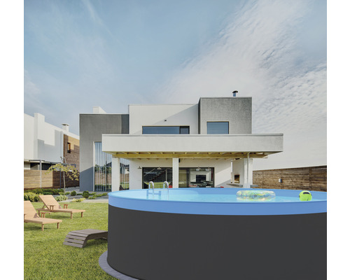 Opzetzwembadset van staalwand Planet Pool rond Ø 550x120 cm grijs incl. filtersysteem, ladder, skimmer, binnenbekleding, filterzand & aansluitslang
