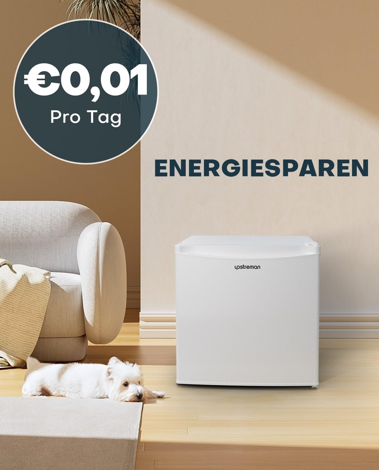 Upstreman 46L Mini-Kühlschrank mit Gefrierfach, einstellbarem Thermostat, energiesparend, geräuscharm, eintüriger Kompaktkühlschrank für Wohnheim, Büro, Schlafzimmer, Weiß-FR17