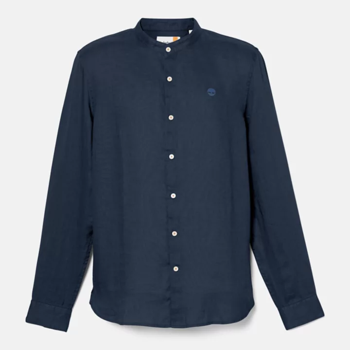 Chemise en lin Mill Brook à col Mao pour homme en bleu marine