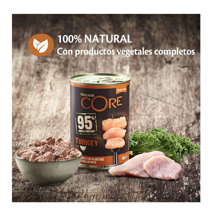 Ração enlatada Wellness Core de 400g com peru e couve para cães.