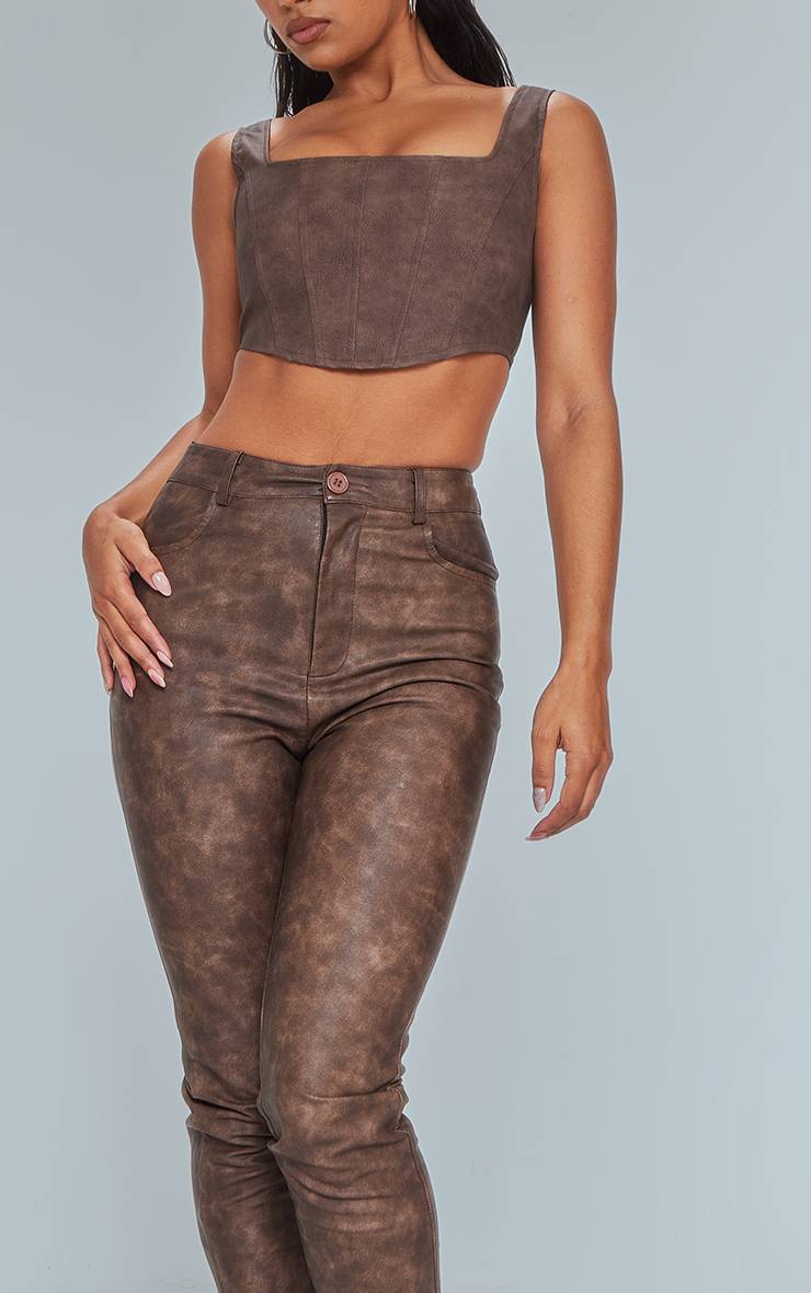 Marron Pantalon Court En Synthétiquecuir Délavé Premium