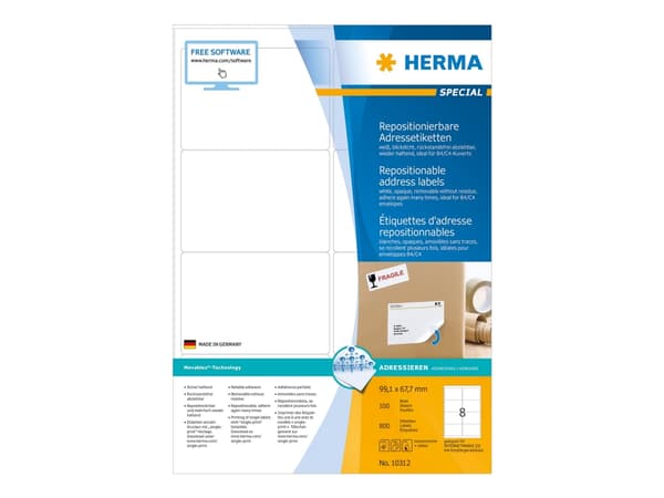 HERMA Spesial - Papir - matt - flyttbar selvklebende - hvit - 99,1 x 67,7 mm 800 etikett(er) (100 ark x 8) adresseetiketter