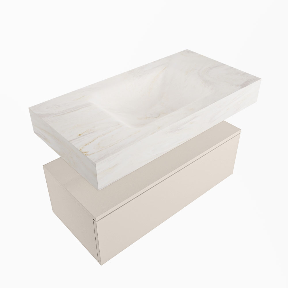 Mondiaz Alan DLux badmeubel 90cm linen 1 lade met wastafel ostra midden 1 kraangat