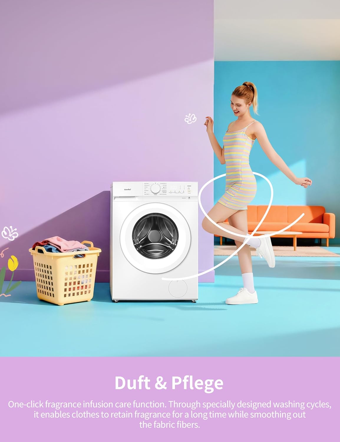 Comfee Waschmaschine 8kg, Washing machine mit Tierhaar-Programm & Dampffunktion,16 Programme,Energy Efficiency Class A-10%,Nachlegefunktion, Leise & Energiesparend, CF08EWP05W, Weiß