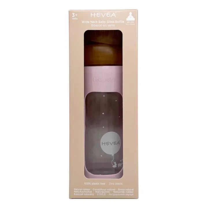 Hevea Biberon en verre à col large avec housse de protection Débit moyen | Rose poudré