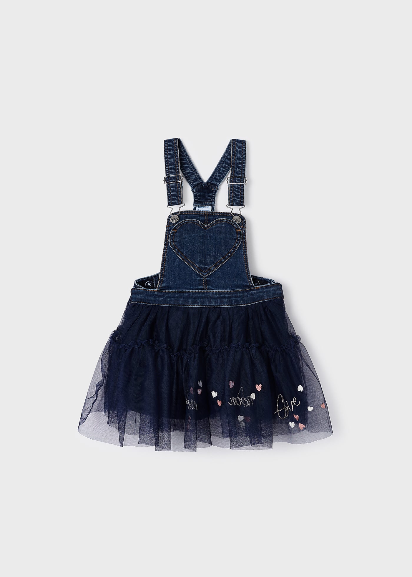 jardineira jeans com saia de tule para meninas