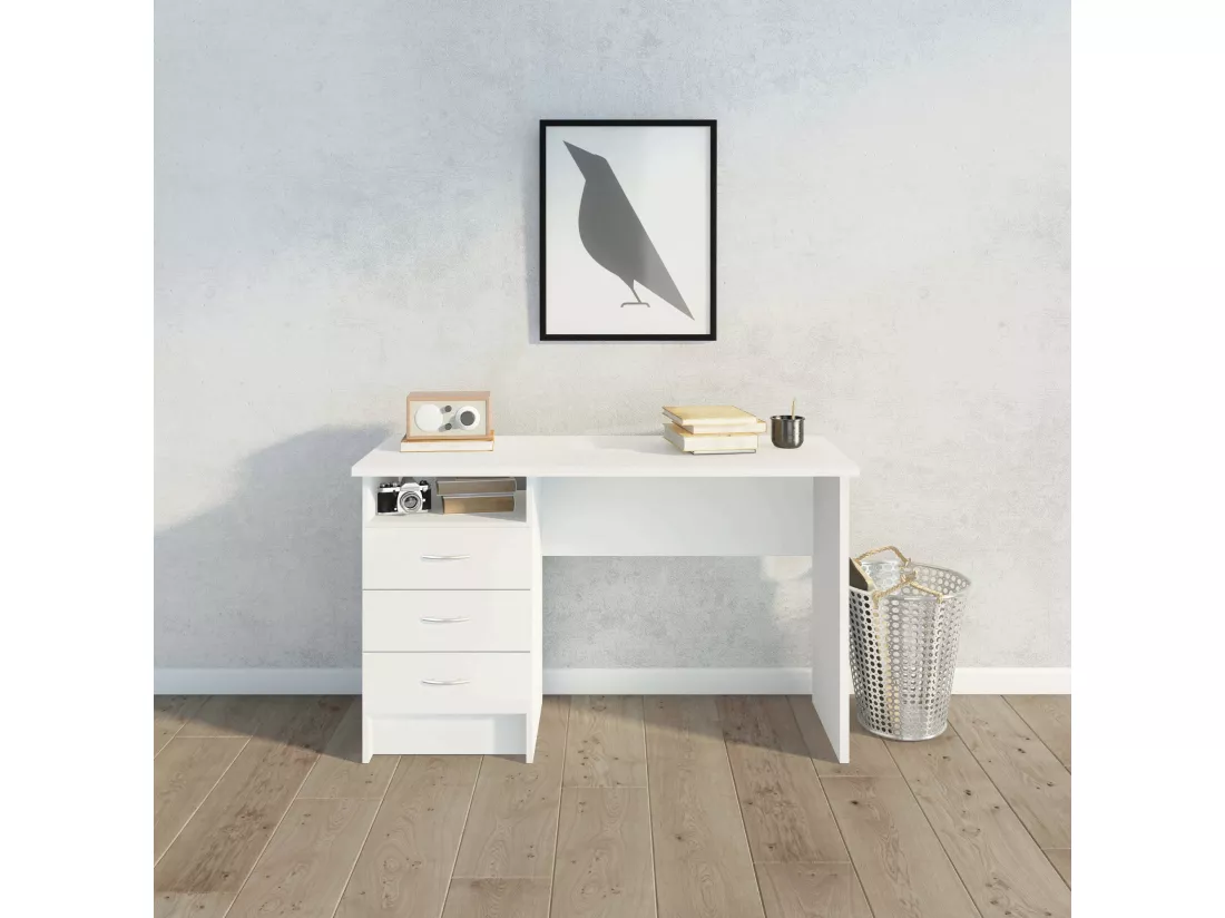 Bureau linéaire avec trois tiroirs, couleur blanche, Dimensions 120 x 72 x 48 cm