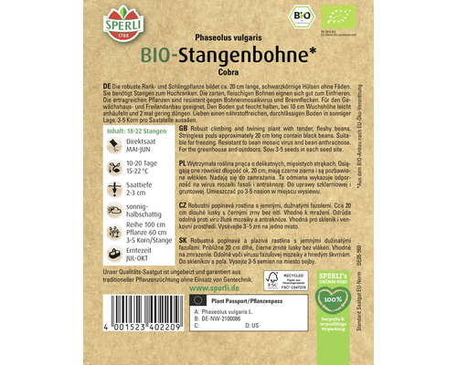 Biologische stokbonen Sperli groentezaden, veerloos