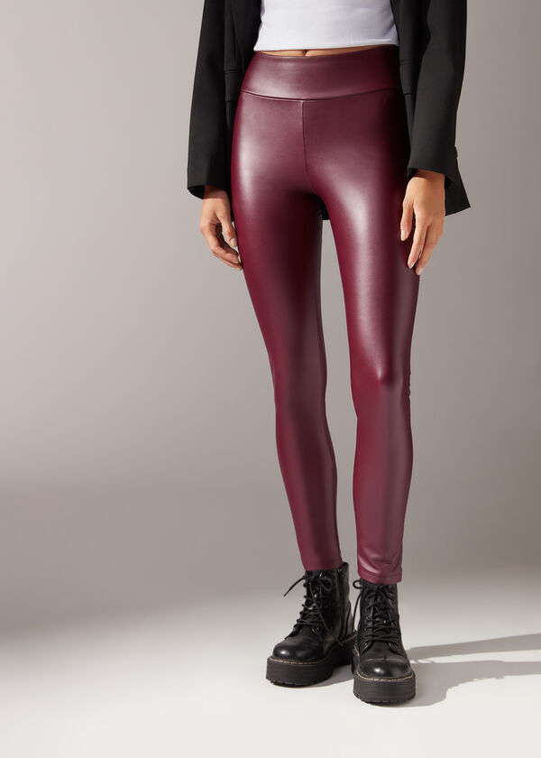 Calças legging com efeito de couro térmico