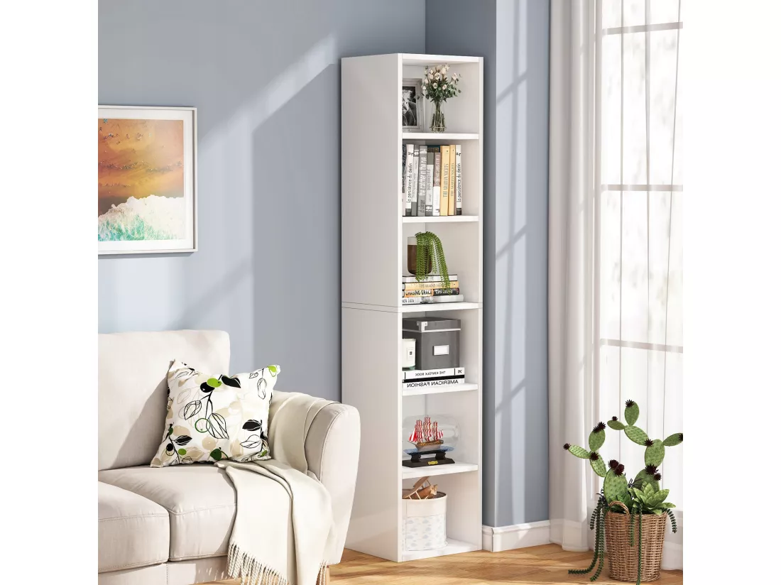 Tribesigns Bibliothèque étroite de 180 cm de Haut - Moderne - Blanc - avec Espace de Rangement - 6 étagères cubiques - pour la Maison et Le Bureau