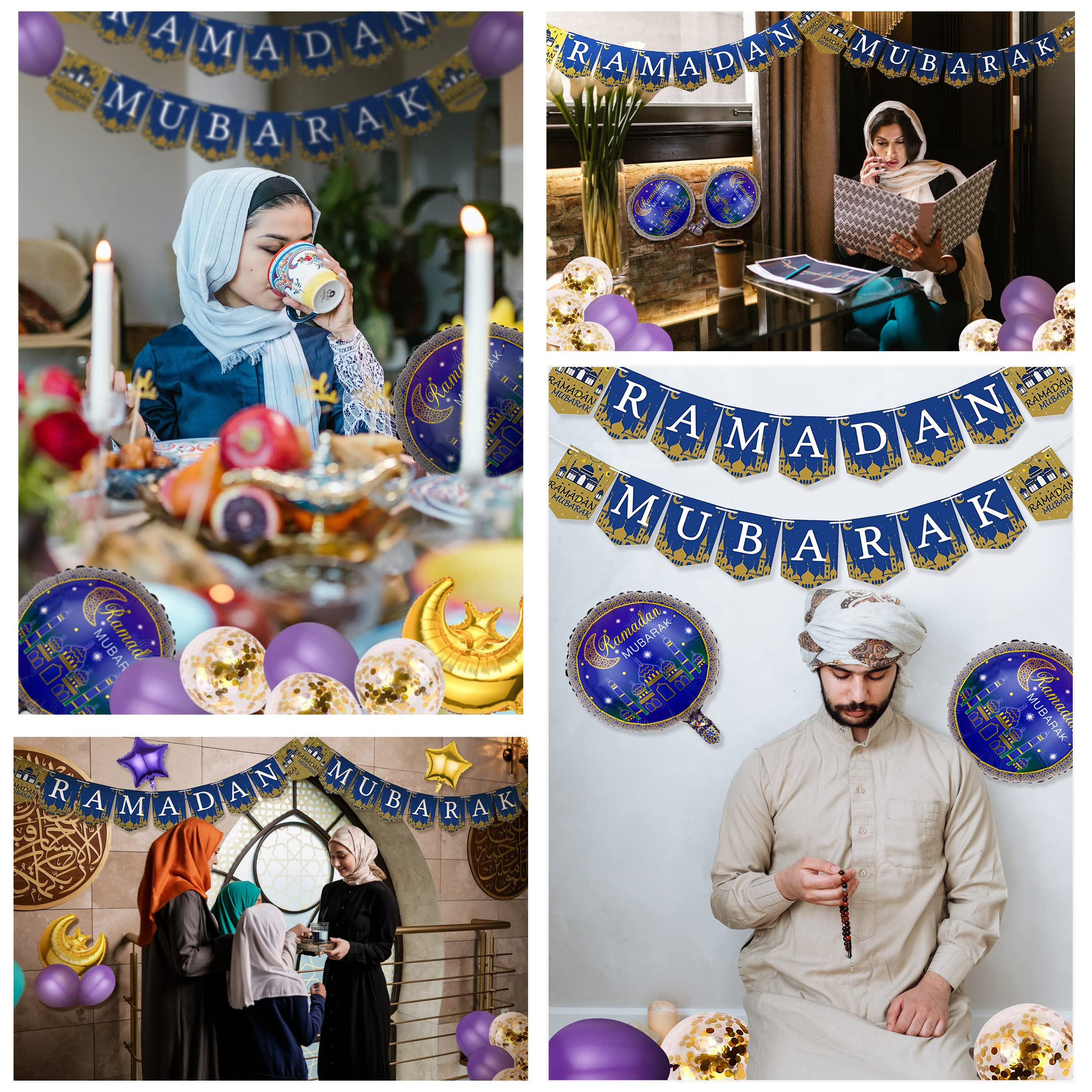 (19-tlg. Set) Ramadan Mubarak Girlande Bajram Party Deko   Latex- & Folien Luftballons - Gold / Lila