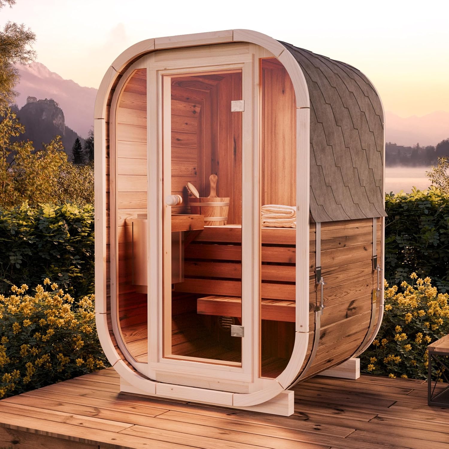Fasssauna Ellipso S, Moderne Outdoor Sauna inkl. Dacheindeckung, Kompakte Gartensauna mit Glasfront, Außensauna: B 136 x T 119 x H 203 cm, 2 Personen