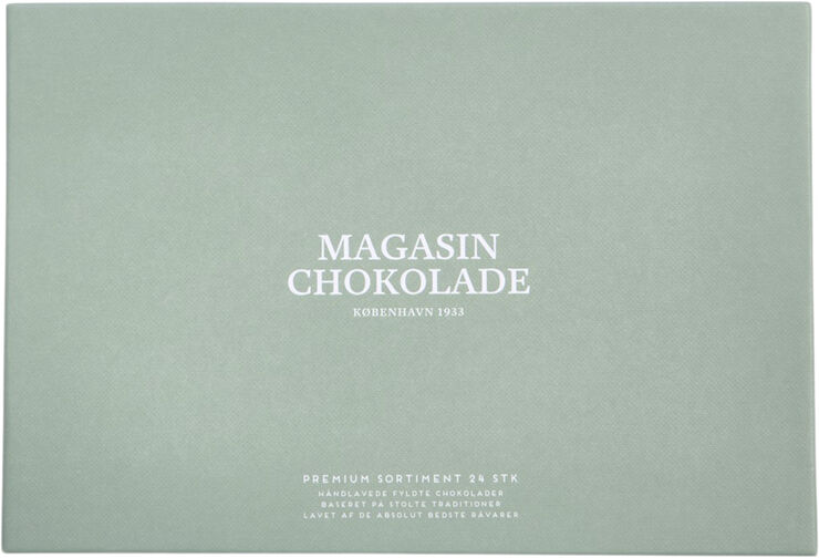 Magasin Chokolade Æske, 24 stk. Dessertchokolade. Grøn & no color