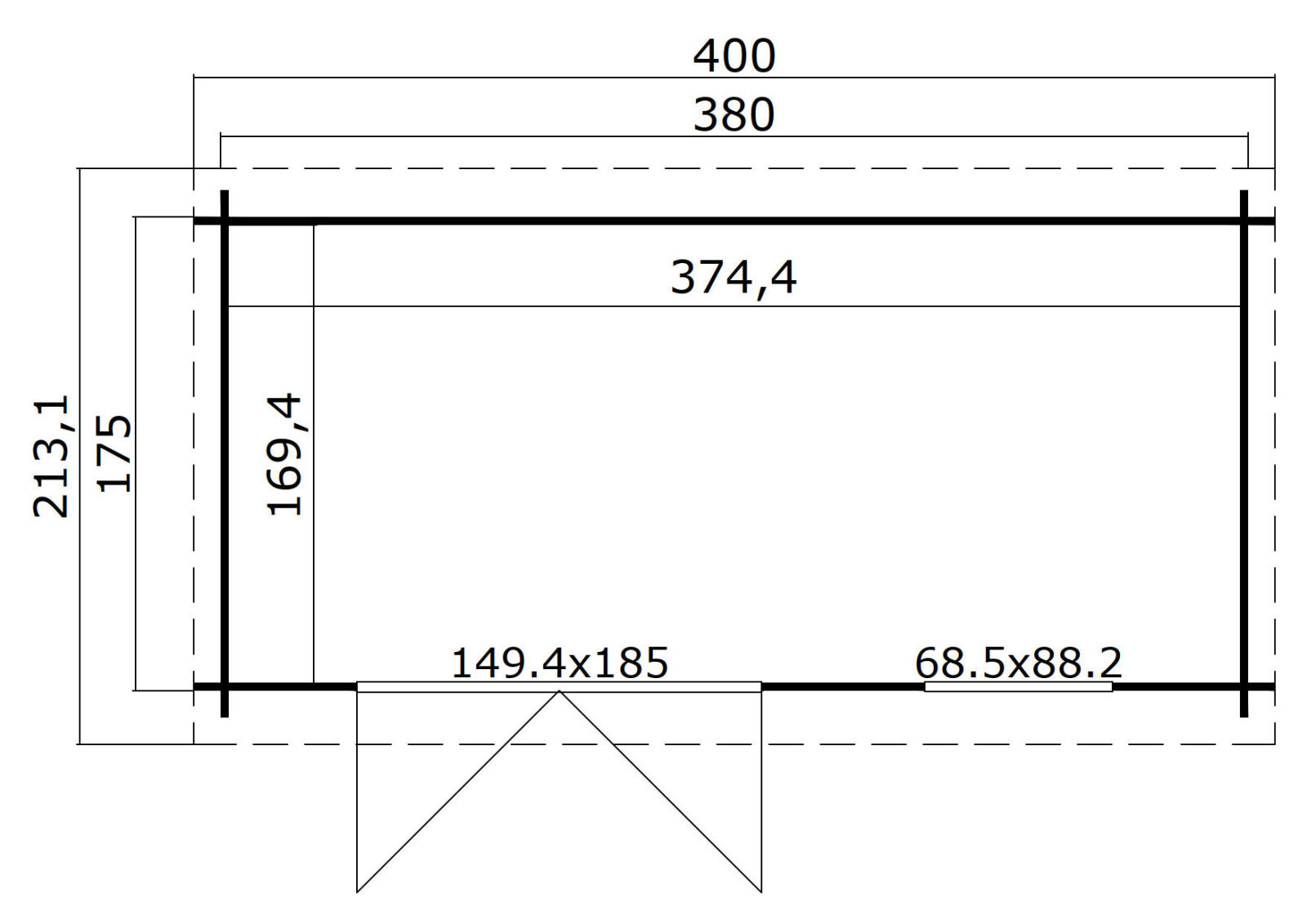 Blockbohlenhaus AMIRA 175 - naturbelassen - Fichte massiv - 380x175 cm