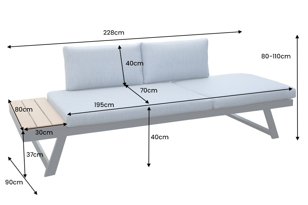Verstellbare Gartenlounge MODULAR MIAMI 230cm grau natur anthrazit Gartensofa oder Gartenliege