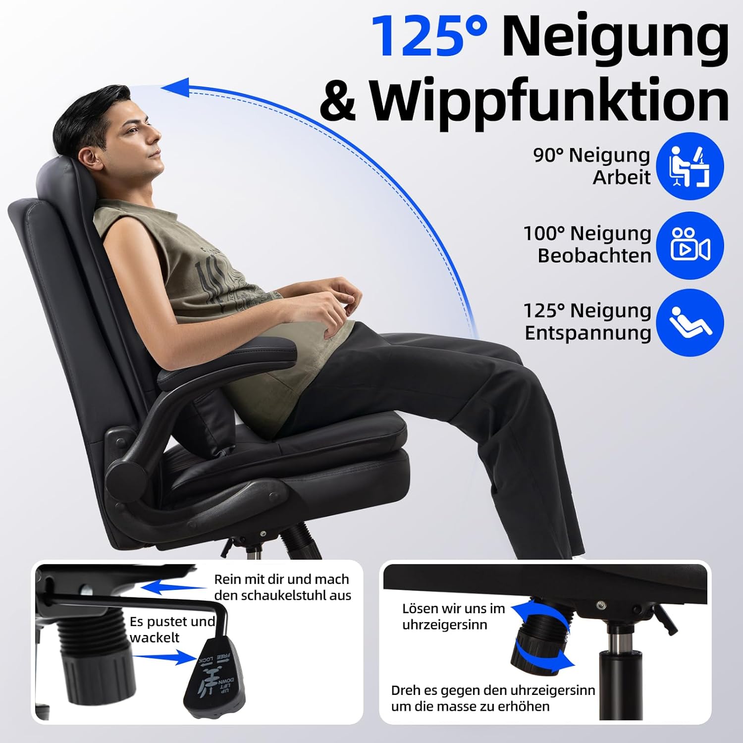Bürostuhl Ergonomisch [TESTSIEGER] Schreibtischstuhl | Kratzfeste Leder & Hohe Rückenlehne | Höhenverstellbar & Wippfunktion | Chefsessel 150 Kg | Drehstuhl Mit Rollen | PC Stuhl Schwarz