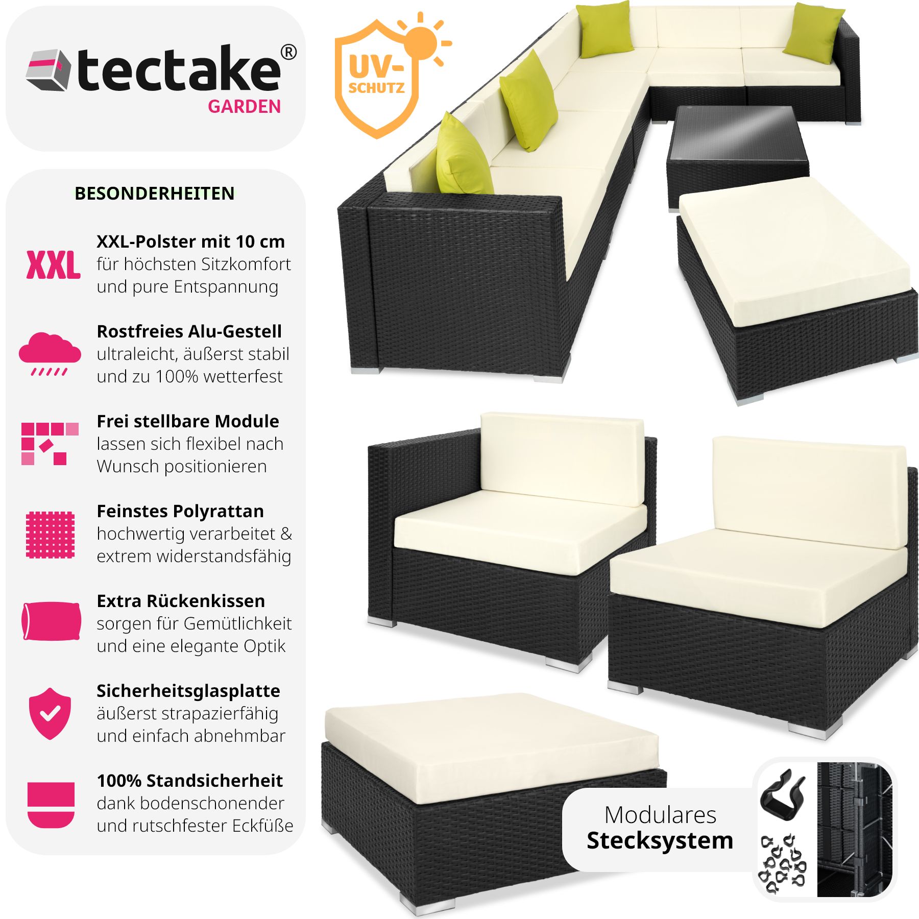 tectake® Rattan Lounge, mit Aluminiumgestell, wetterfest und UV-beständig, mit Sicherheitsglasplatte
