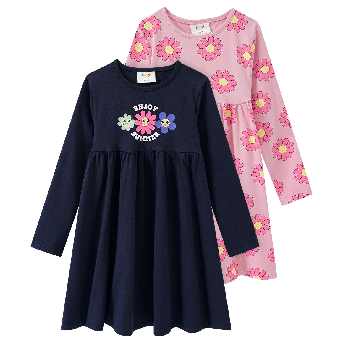 Famy 2 Mädchen Kleider mit Blumen-Prints dunkelblau / rosa