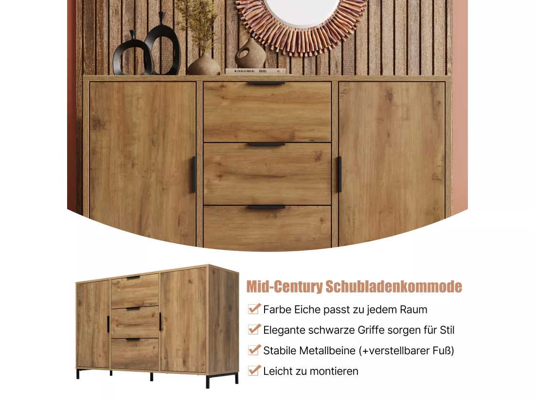 Commode 2 portes et 3 tiroirs, 120 x 40 x 76 cm, Panneaux de particules + métal, Chêne foncé