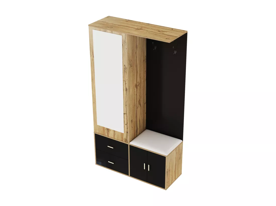 Armoir 100x38x108.1cm - Avec miroir - Avec meuble à chaussures - Avec crochets et cintres rétractables - Noir + Naturel