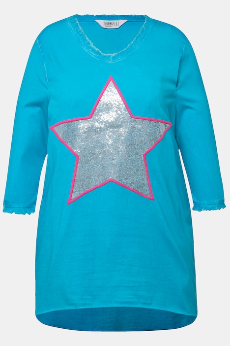 T-Shirt, A-Linie, Pailletten-Stern, V-Ausschnitt, 3/4-Ärmel