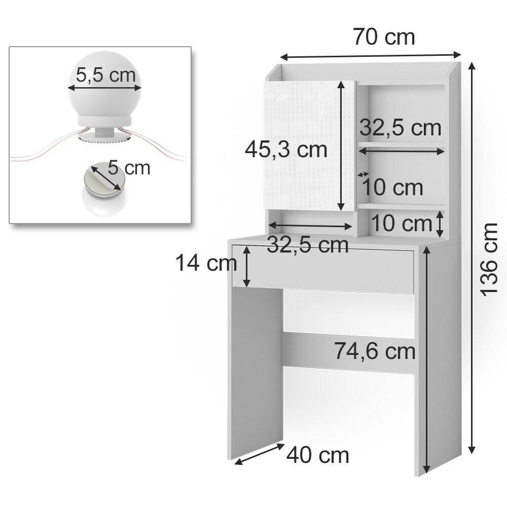Vicco Schminktisch Frisiertisch Frisierkommode Laura Weiß LED 70x136 cm Spiegelschrank modern Schlafzimmer Kommode Schminkspiegel Schrank Schublade Kosmetiktisch Make-Up-Tisch