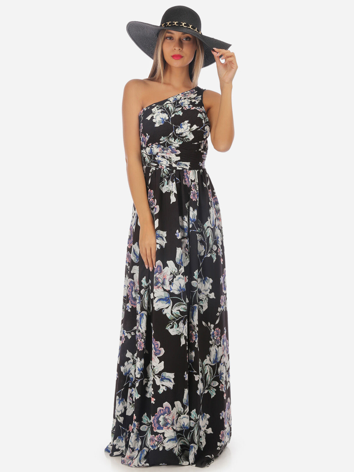 Robe longue asymétrique fleurie- Noir