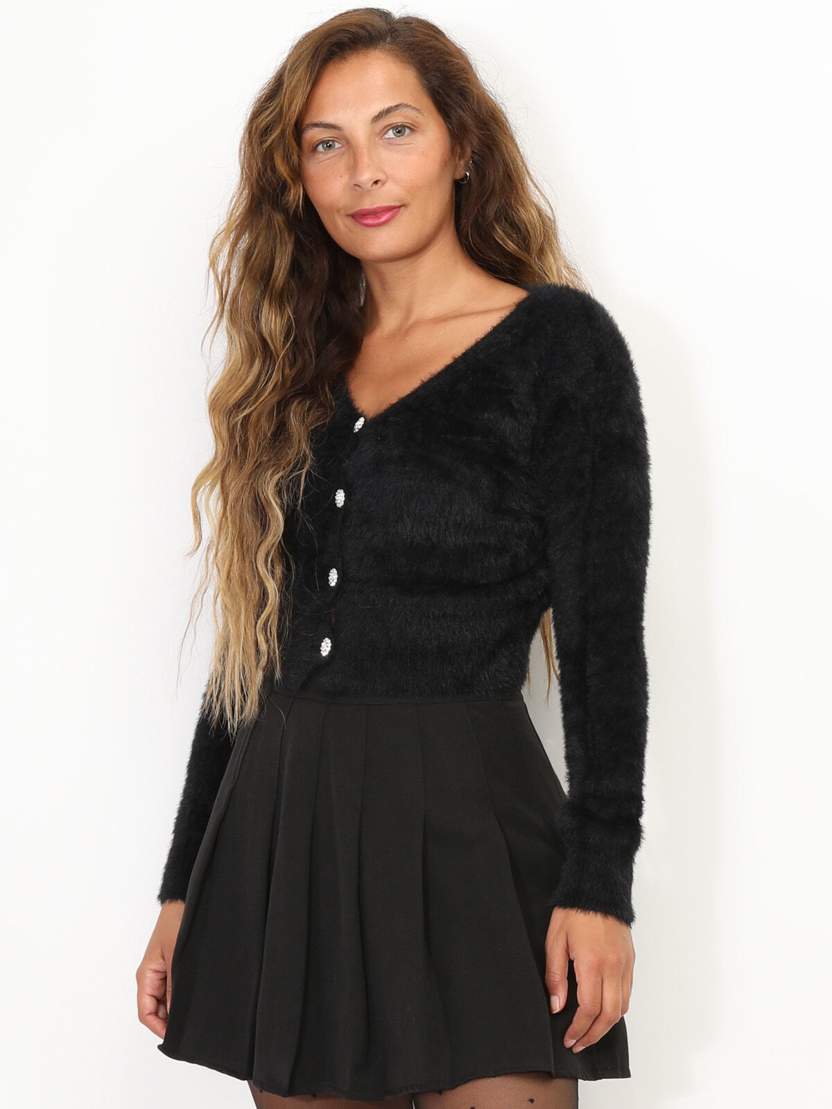 Cardigan duveteux à boutons en strass- Noir