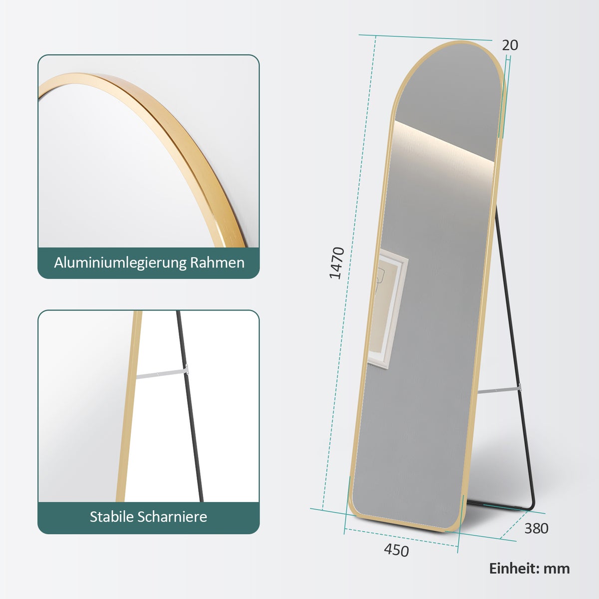 EMKE gebogen staande spiegel, spiegel op ware grootte met aluminium frame voor woonkamer, slaapkamer, lounge en kleedkamer, goud, 147x45cm