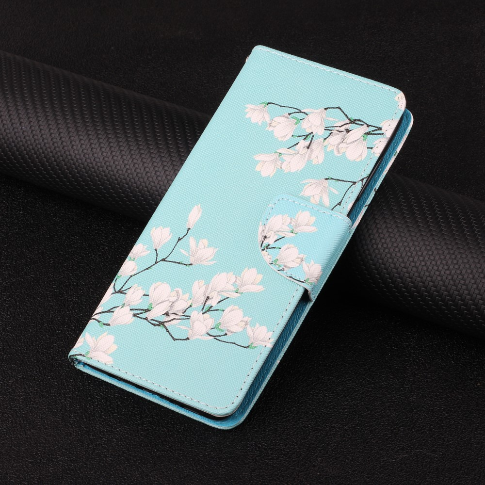 iPhone 13 Pro Leder Tasche mit Kartenfach   Handschlaufe Gardenia Blumen - Blau / Weiss