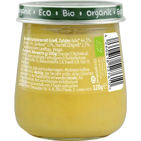 Bio Gläschen Apfel Mango Aprikose mit Grieß ab 6. Monat