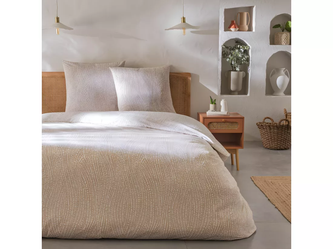 Parure de lit 2 personnes en coton 57 fils imprimé beige 240x220cm