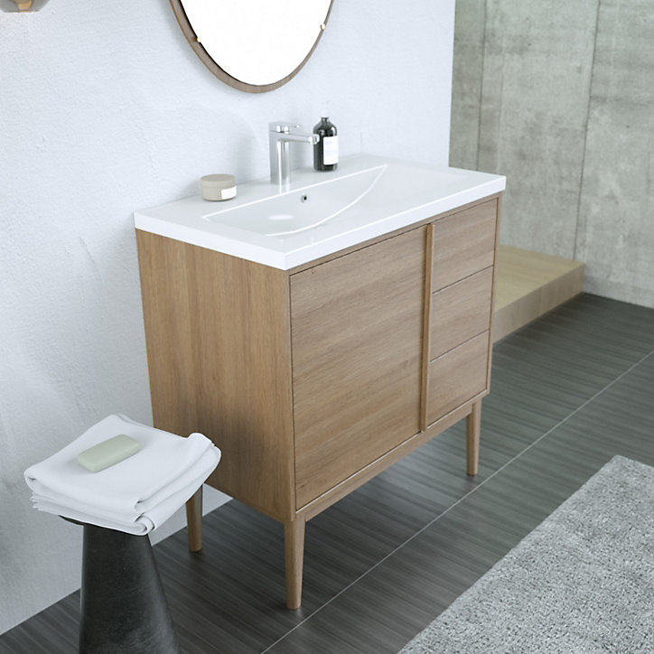 Ensemble meuble sous vasque placage bois Kabayan + plan vasque céramique blanc Nira l.80 cm