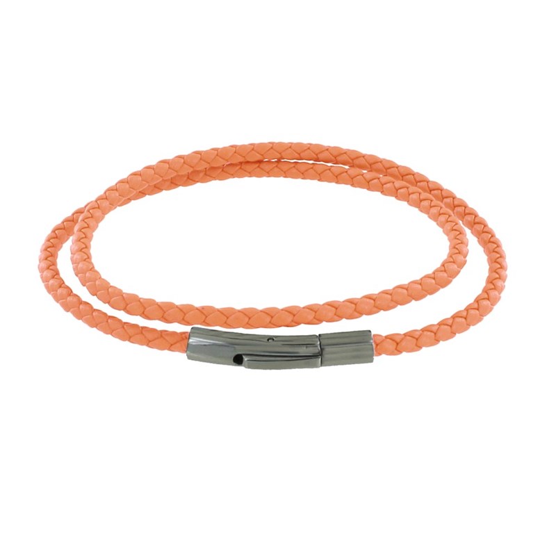 Bracelet Femme Double Tour Cuir Tréssé Rond pour Poignet de 18cm - Orange Clair