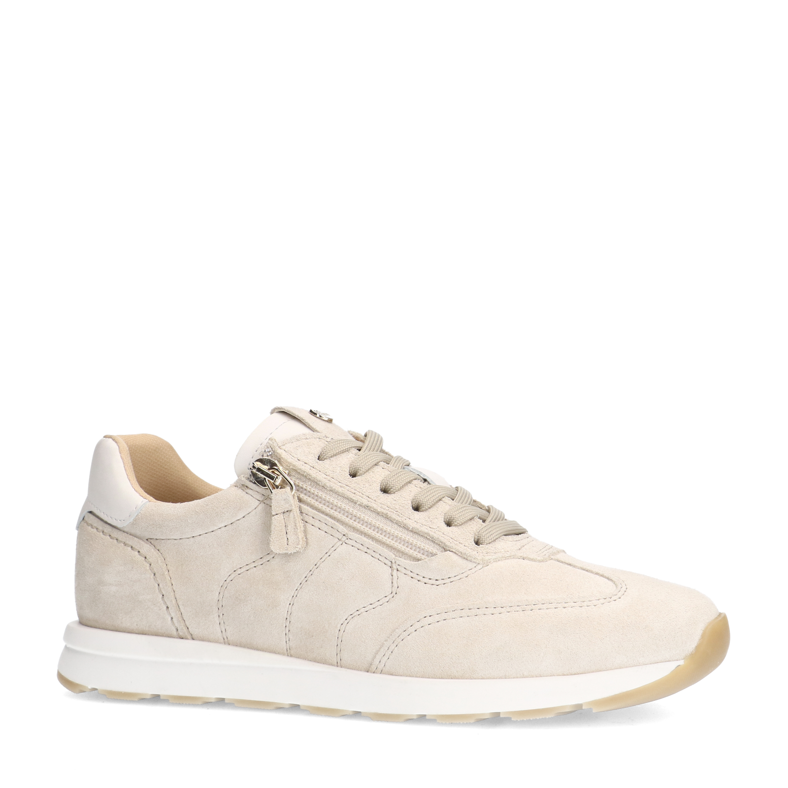 Beige suède sneakers met rits